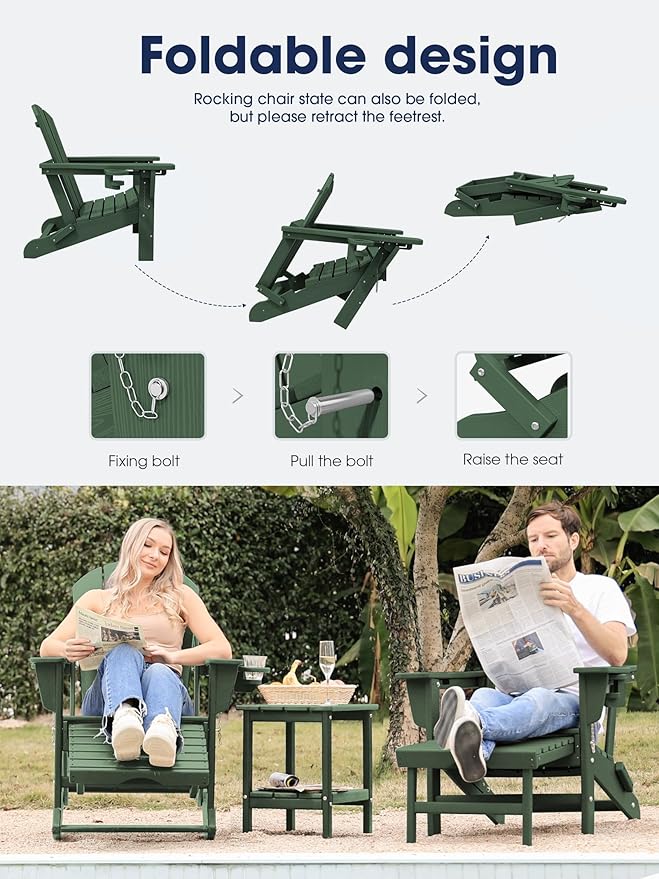 KINGYES Adirondack Rocking Chair Set of 2 with Retractable Ottoman and Cup Holders, HDPE Adirondack Rocker Patio Rocking Chair for Porch, Patio, Balcony, Green