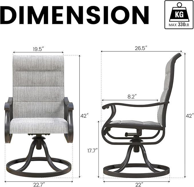 Patio Swivel Chairs Set of 4, Outdoor Dining Chairs with High Back, All-Weather Swivel Rocker Chair for Lawn, Porch or Garden (Padded Grey)