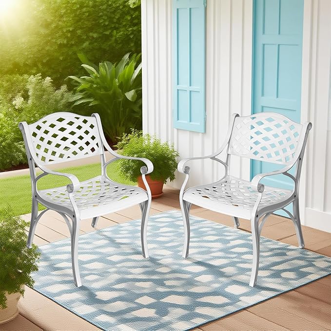 2 Piece Patio Chairs Cast Aluminum Outdoor Dining Chair with Armrests, Metal 2 Piece Patio Bistro Chair with Adjustable Feet, Wrought Iron Bistro Patio Dining Chair for Garden,Set of 2 White