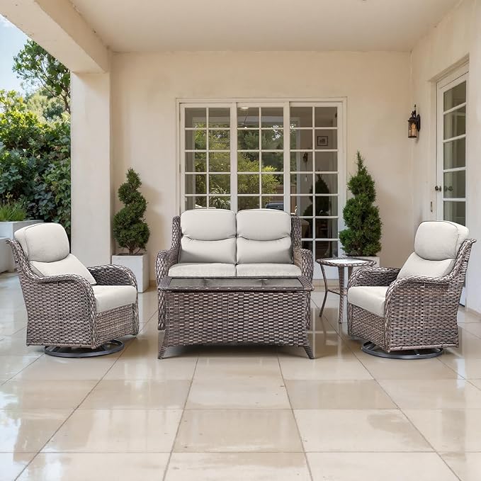 Outdoor Swivel Rocker Patio Chairs Set of 5 with Loveseat - 5" Thick Cushion 5 Piece Furniture Set with Sofa All Weather Wicker Conversation Set for Porch Deck - Brown Wicker | Beige Cushions