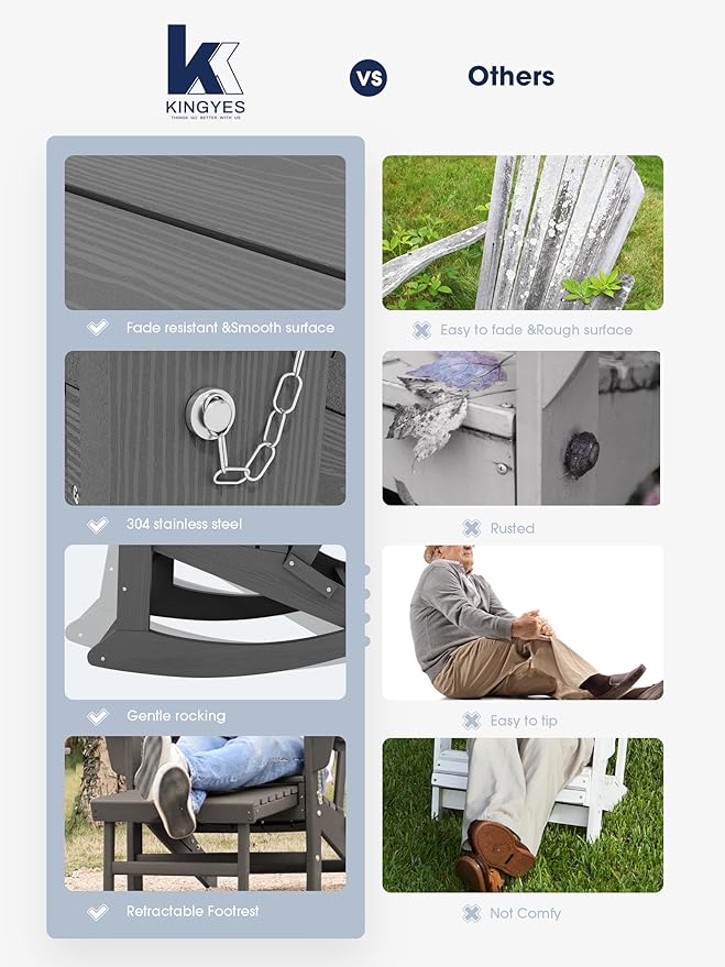 KINGYES Adirondack Rocking Chair Set of 4 with Retractable Ottoman and Cup Holders, HDPE Adirondack Rocker Patio Rocking Chair for Porch, Patio, Balcony, Leaden Grey