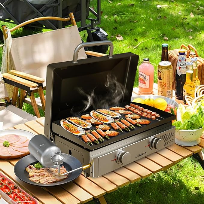 LERIKA 23" Tabletop Propane Gas Grilddle With Lid for Outdoor Kitchen Barbecue Grill, Non Stick Enamel/Durable Stainless Steel/1 Burner Portable Flat Top Grills