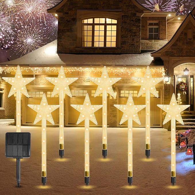 8 Pcs Christmas Solar Stake Light, Decorative IP64 Waterproof 64LED Beads Star-Shaped Pathway Lights with 8 Lighting Modes Xmas Decoration for Outdoor Garden Patio Yard Porch Driveway