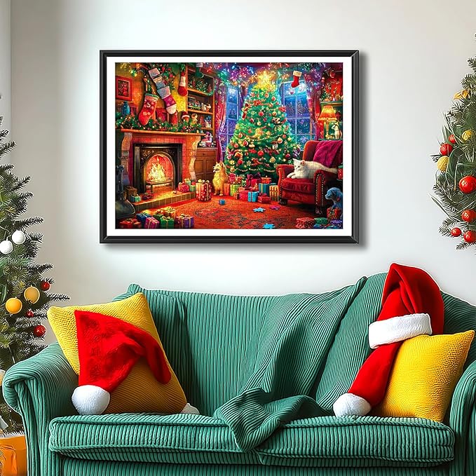 Christmas Cozy Scene 1000 Piece Jigsaw Puzzle for Adults - Festive Holiday Puzzle with Fireplace, Christmas Tree & Pets, Premium Quality for Relaxing & Gifting