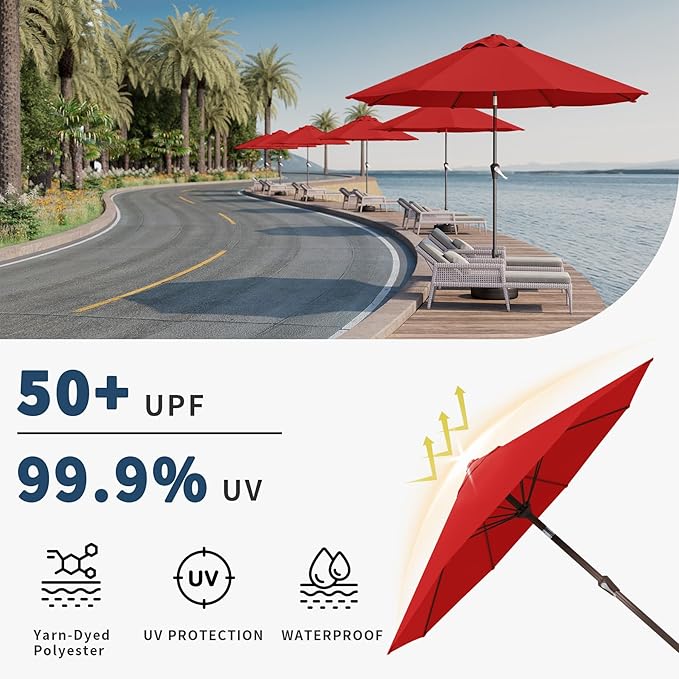 10FT Patio Umbrella Outdoor Market Umbrella with Crank and Tilt, 8 Flexible Fiberglass Ribs, UV-Resistant Waterproof Canopy for Patio, Deck, Garden, Backyard, Red