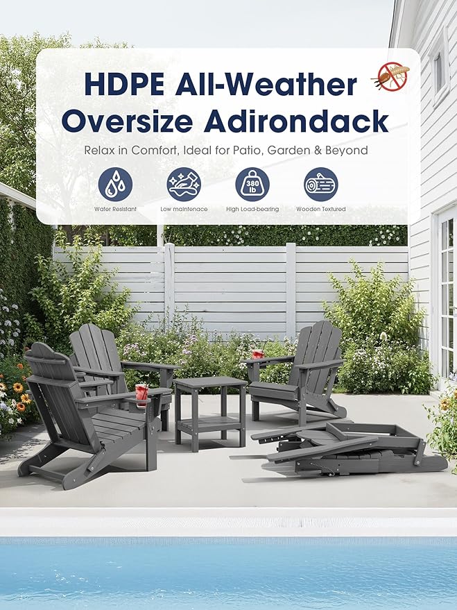 KINGYES Adjustable Folding Adirondack Chair Set of 4, 3-Position Reclining Adirondack Chairs with Cup Holder, HDPE All-Weather Oversized Adirondack for Outdoor, Patio, Backyard Deck, Fire Pit, White