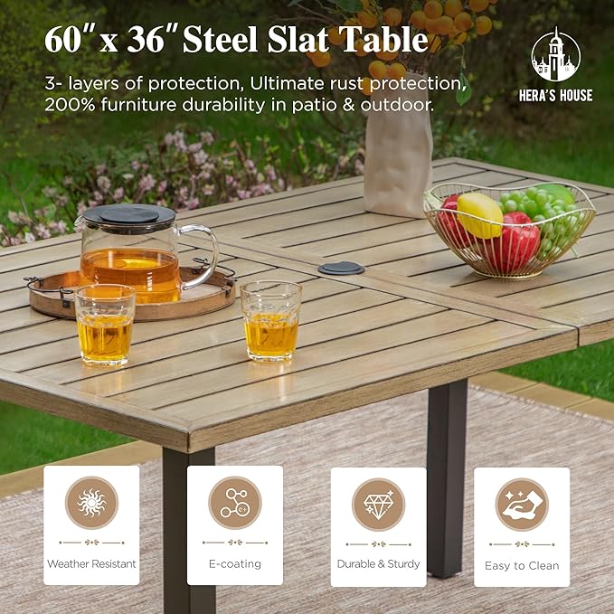 HERA'S HOUSE Patio Dining Set, Outdoor Table Chairs, 6 x All Weather High Back Foam-Padded Dining Chair, 1 x Wood Look Metal Dining Table for Patio, Lawn, Garden, Porch, Festival