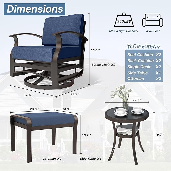 Kurapika 5 Pieces Patio Furniture Set, Outdoor Aluminum Swivel Gliders Rocker, Patio Bistro Set Rocking Chair with Thickened Cushions and Tempered Glass Side Table(Navy Blue)
