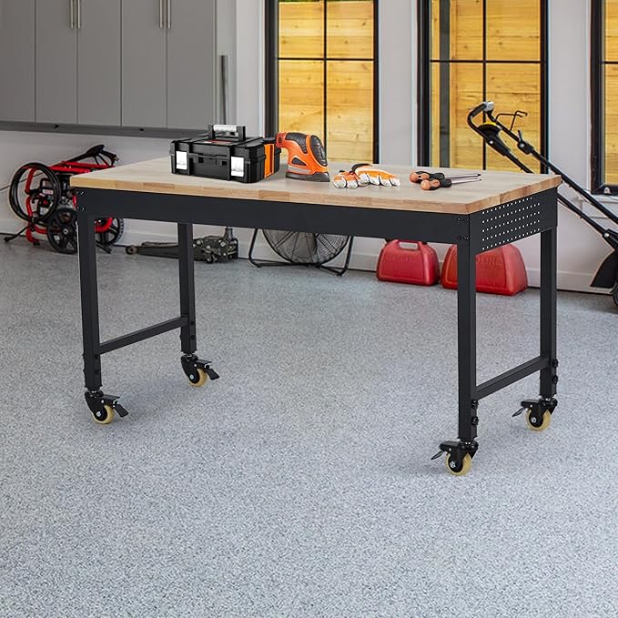48"x24" Heavy-Duty Adjustable Workbench - 2000LB Capacity Work Bench with Rubberwood Top, Locking Wheels & Power Outlets, 27.8"-39.5" Height, Mobile Garage Workstation for Workshop/Home DIY
