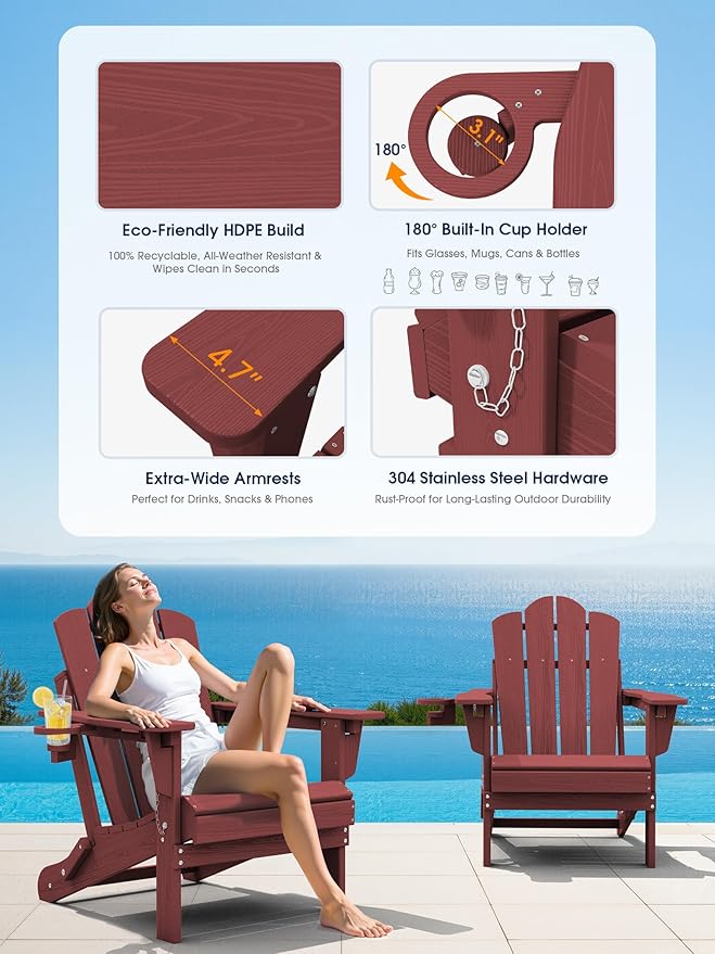 KINGYES Adjustable Folding Adirondack Chair, 3-Position Reclining Adirondack Chairs with Cup Holder, HDPE All-Weather Oversized Adirondack for Outdoor, Patio, Backyard Deck, Fire Pit, Red