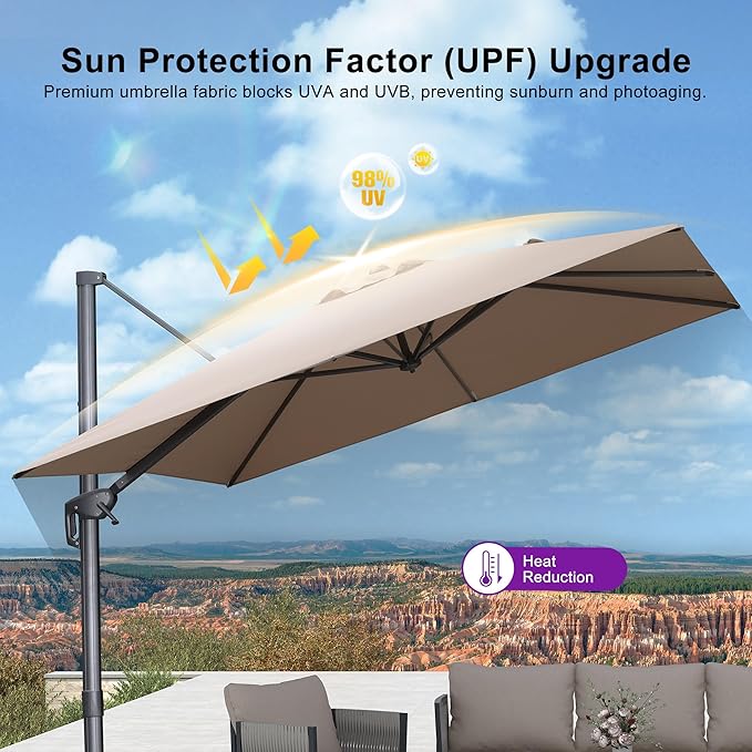 PURPLE LEAF 10' X 13' Patio Umbrella Large Rectangle Outdoor Aluminum Cantilever Umbrella with 3-Year Fade Resistance Recycled Fabric and 360-degree Rotation for Deck Pool Garden,Sand Dune