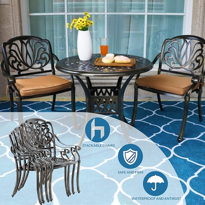 MEETWARM 3 Piece Patio Bistro Set, Outdoor All-Weather Cast Aluminum Dining Furniture Set Includes 2 Cushioned Chairs and a 31” Round Table with Umbrella Hole for Garden Deck