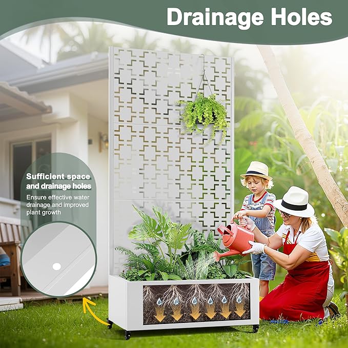 Raised Garden Beds Outdoor with Privacy Screen, Metal Standing Planter Box with Trellis & Wheels, Garden Boxes with Drainage Holes for Climbing Plants, Flowers, Vines (35"L×16"W×71"H, White Square)