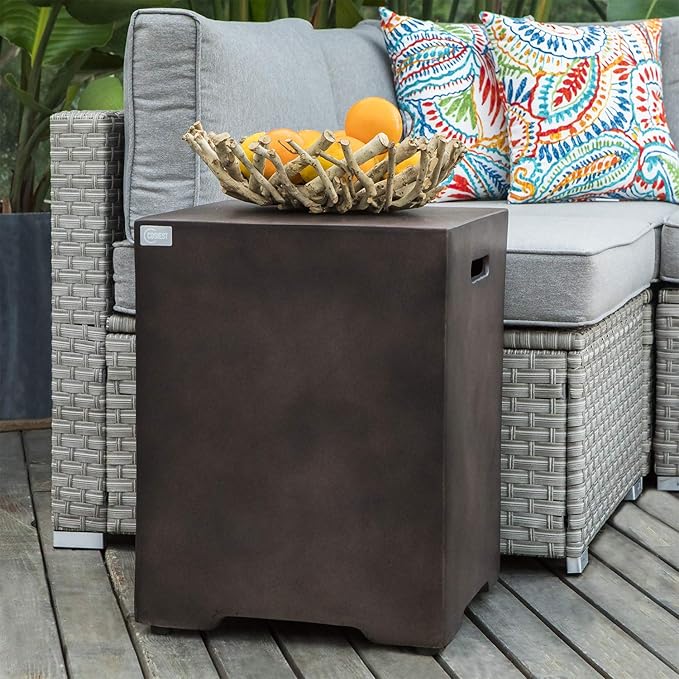 COSIEST Outdoor Hideaway Tank Table for Gas Fire Pits, Hides Standard 20lb 16-inch Propane Tank Cover, Concrete Bronze Finish, Side Handles