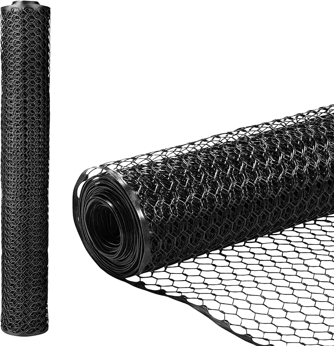Plastic Hex Chicken Wire Mesh Garden Fence Roll (2' x 25' - Black) - Versatile Poultry Netting and Garden Fence for Temporary or Semi-Permanent Enclosures, Deer Fencing, and Construction Barriers