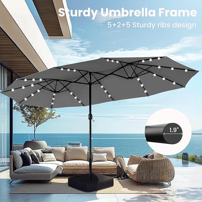 PHI VILLA 15ft Large Patio Umbrella with Solar Lights, Double-Sided Outdoor Market Rectangle Umbrellas with 36 LED Lights, Umbrella Base (Stand) Included, Light Grey