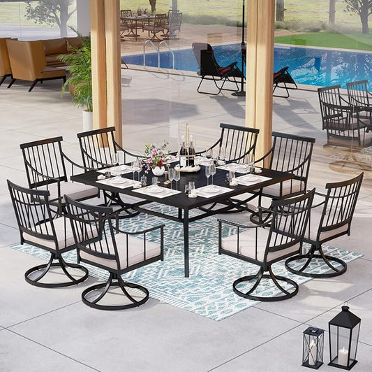 MFSTUDIO 9 PCS Outdoor Patio Dining Set, 8 Metal Swivel Chairs with Removable Cushions and 1 Square Dining Table with 1.57" -1.9" Adjustable Umbrella Hole Furniture Sets for Lawn Backyard Garden