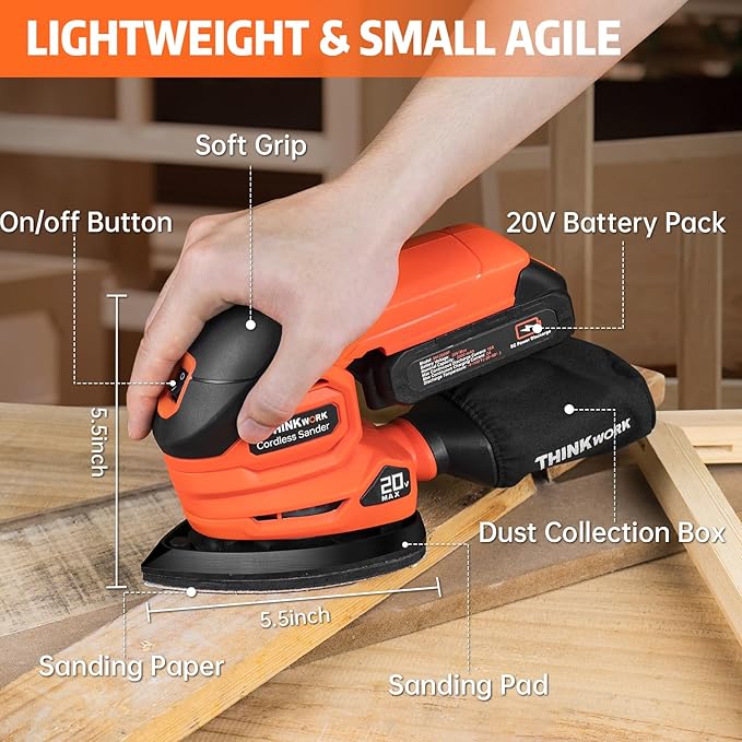 [Large 2.0Ah Battery] Cordless Detail Sander - 20V Electric Hand Sander for Woodworking with Dust Collector, 12000 OPM Palm Sander Tool with 21PCS Sanderpapers for Sanding, Polishing