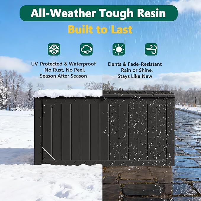 Outdoor Storage Box, 100 Gallon Deck Box Outdoor Storage Bench Outside Waterproof Resin Storage Bench, Lockable Patio Cushions, Garden Tools Storage For Furniture, UV Resistant(Black)
