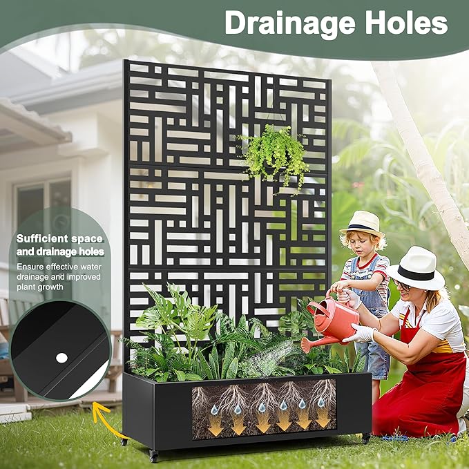Large Raised Garden Beds with Trellis & Wheels, Metal Planter Box with Privacy Screen for Climbing Plants Vegetables, Fruits, 47"L Garden Boxes Outdoor with Drainage Holes (Black Street)