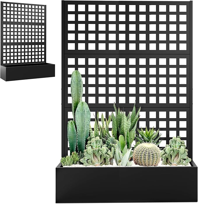 Metal Raised Garden Beds Outdoor with Trellis & Privacy Screen for Outdoor Plants, Planter Box for Climbling Plants, Flowers, Vine, Large Garden Boxes with Drainage Holes (47"L×16"W×71"H, Black)