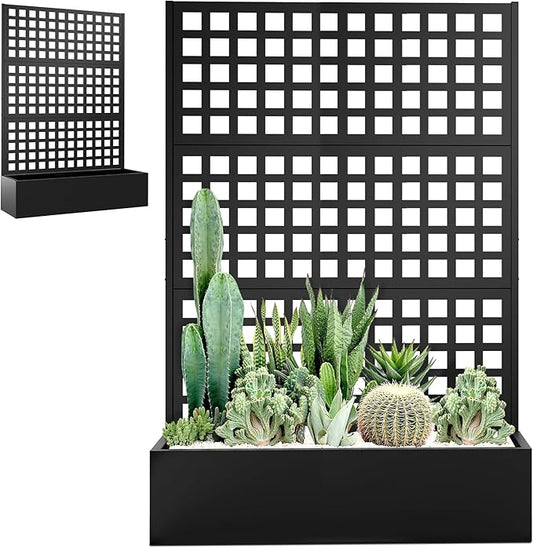 Metal Raised Garden Beds Outdoor with Trellis & Privacy Screen for Outdoor Plants, Planter Box for Climbling Plants, Flowers, Vine, Large Garden Boxes with Drainage Holes (47"L×16"W×71"H, Black)