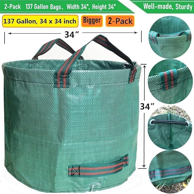 Professional 2-Pack 137 Gallon Lawn Garden Bags Large (D34,H34 inch) Yard Waste Bags W/Gardening Gloves,Big Leaf Bag,Yard Debris,Waste Container,Lawn Trash Bin,Grass Clippings Bag,Weed Bags 4 Handles