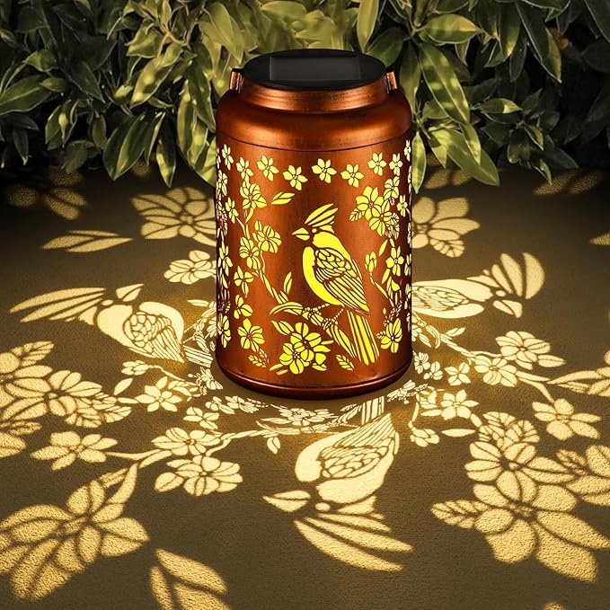 Solar Lanterns Outdoor Waterproof Garden Decor Birthday Gifts for Women Mom Grandma Hanging Lights Metal Decoration Outside for Yard, Patio,Backyard,Porch(Red Bird)