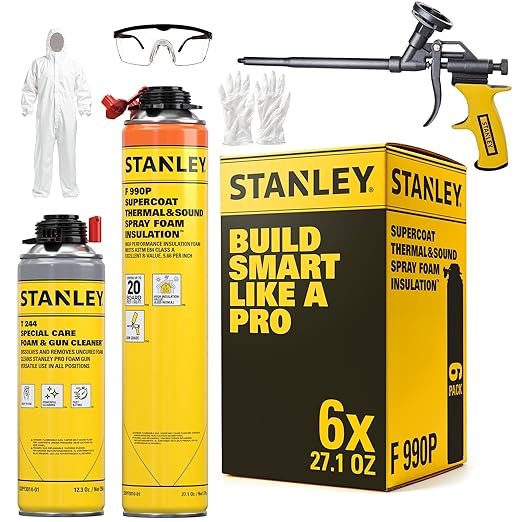 STANLEY F 990P Supercoat Spray Foam Insulation Kit - Closed Cell Spray Foam Covers Up to 120 Sq.Ft.,(11.32/2 inch R-Value) - Including Gun, Cleaner, Safety Items - 27.1 oz, 6 Pack