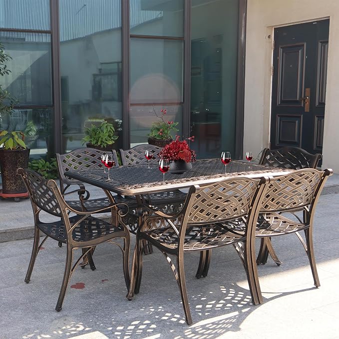 Outdoor Patio Dining Set Cast Aluminum 7 Piece Patio Bistro Dining Set,Metal Rectangular Patio Table and Chairs Set for 6 Person with Umbrella Hole,Patio Furniture Sets for Garden,Bronze