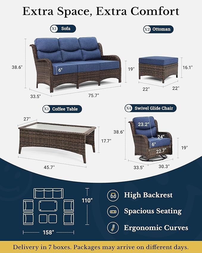 HILLGA Luxury High Back Patio Furniture Set with 6-Inch Thick Cushion, 8-Piece Outdoor Conversation Set with Sofa, Swivel Rocker Chairs & Ottomans, Ideal for Porch Pool Deck Yard (Blue)