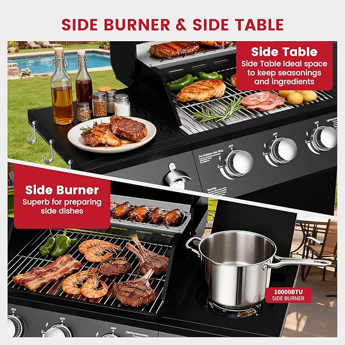 40,000 BTU Propane Grill, 3 Burner BBQ Barbecue Gas Grill with Side Burner and Stainless Steel Grates for Patio, Camping, Outdoor Cooking