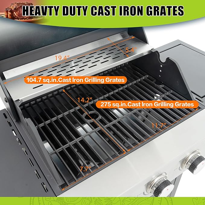 3 Burner Propane Gas Grill with Side Burner, 37,000 BTU Stainless Steel BBQ Grill with Foldable Shelves, Thermometer, Wheels, Ideal for Patio, Backyard, Outdoor Cooking, Barbeque
