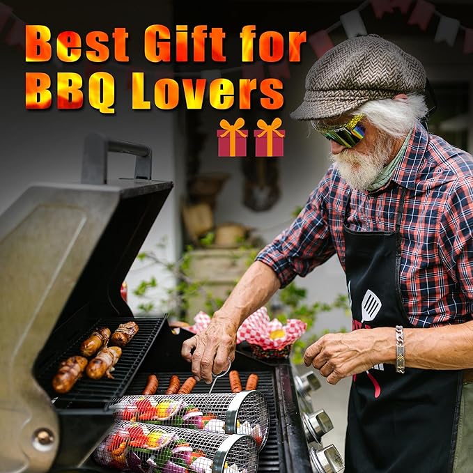 [Upgraded] Grilling Basket (Size XXL), Dishwasher Safe Round Grill Basket for Veggies, Stainless Steel Rolling Grilling Baskets for Outdoor Grilling, Heavy Duty, Easy to Store, Gifts for Men/Dad