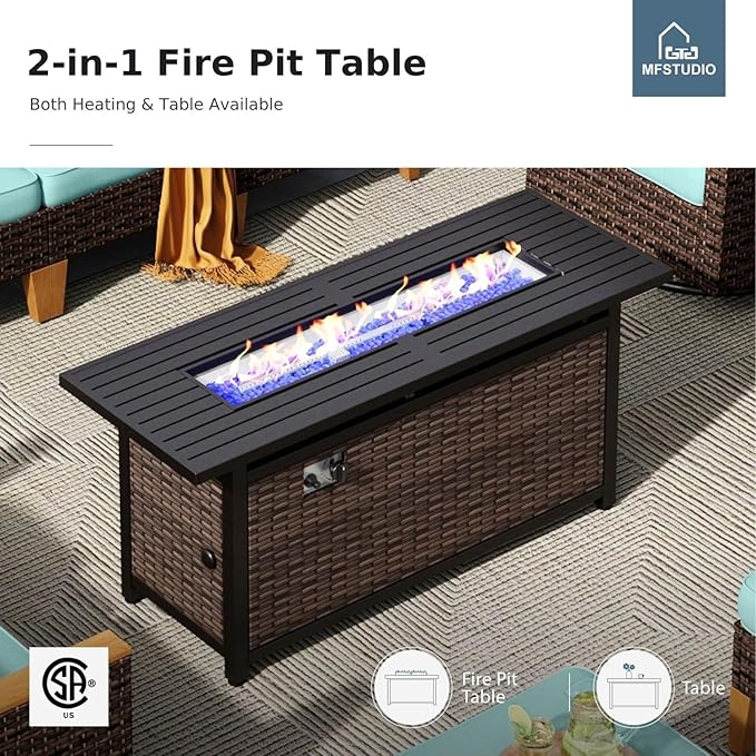 MFSTUDIO 9 Pieces Wicker Patio Furniture Set with 56" Fire Pit Table, Rattan Outdoor Half-Moon Patio Conversation Set, 2 x Curved Sofa, 2 x Armless Chair, 2 x Ottoman, 2 x Corner Sofa(Aqua Blue)