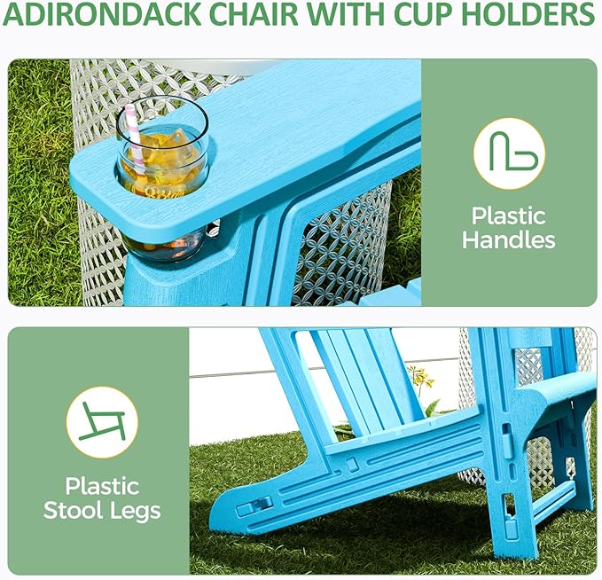 Adirondack Chairs Set of 4,Adirondack Chair with Cup Holders,Wooden Textured Plastic Fire Pit Chair,All-Weather Outdoor Patio Chairs for Lawn,Backyard Deck, Porch,400LBS Heavy-Duty,Sky Blue