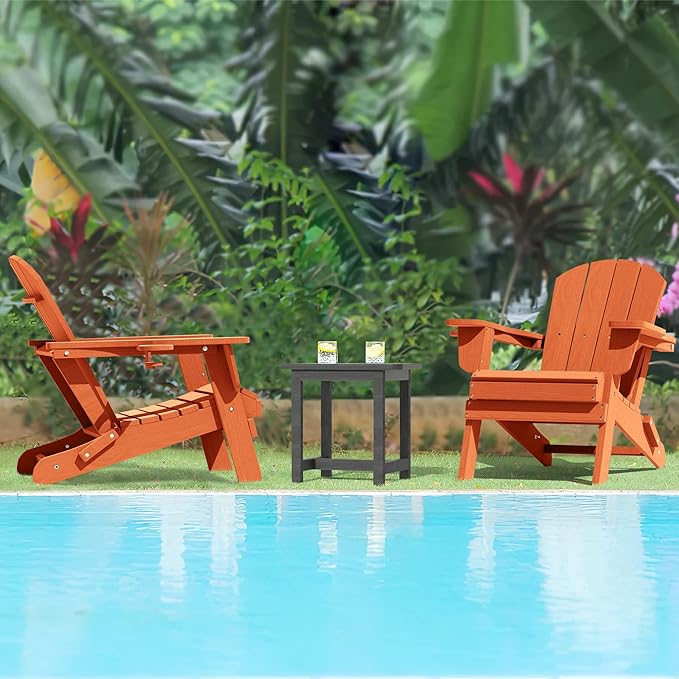 LOUNZY Folding Adirondack Chairs Set of 2, HDPE All-Weather Foldadle Adirondack Chair with Cup Holders, Outdoor Patio Adirondack Chair for Deck Lawn Fire Pit, Orange