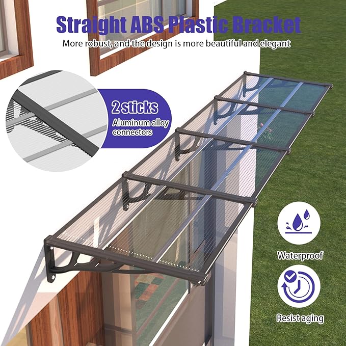Door Awning Window Canopy, Modular Spliced Awnings for Outside,Porch,Patio,Deck,Polycarbonate Sheet,UV, Rain, and Snow Protection (Black Bracket & Transparent Board, 35 * 40'')