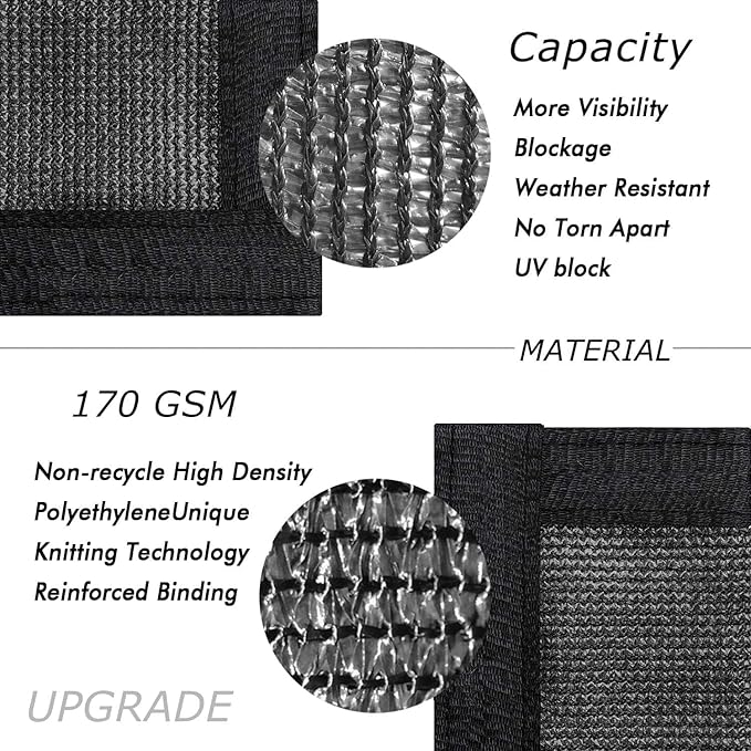 UPGRADE Privacy Fence Screen 6'x10' Black Outdoor 90% Visibility Blockage 170 GSM Mesh Shade Cover Panels for Backyard,Balcony,Home Decoration with Zip Ties,Customized Avaliable