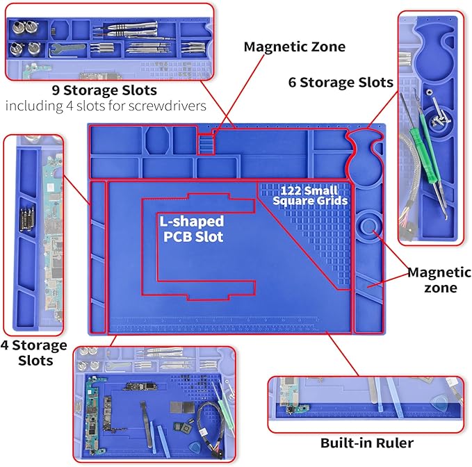 YIHUA M170 Heat-resistant Soldering Mat with Multiple Storage Slots, Built-in Ruler, Magnetic Zones, PCB Slot, Bendable Soft Silicone Soldering Mat, Dimensions 17.32*12.20*0.24 inches (440*310*6mm)