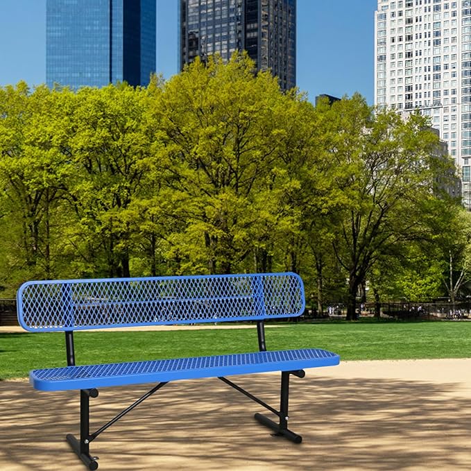 6 Ft Metal Park Bench for Outside, All-Weather Thermoplastic Coating Outdoor Bench with Backrest, Commercial Heavy Duty Benches for Shopping Malls, Stores, Parks, Patios, Decks, Blue