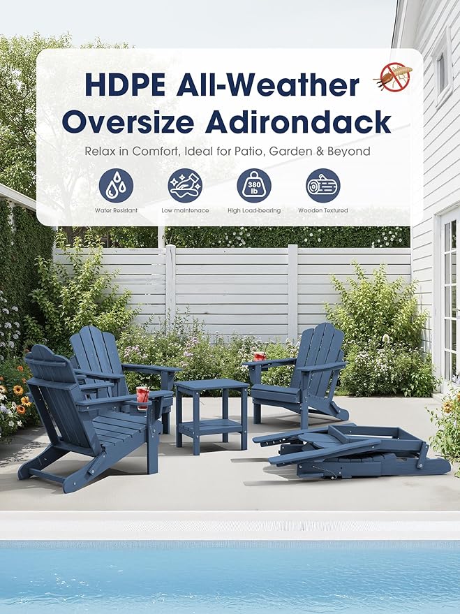 KINGYES Adjustable Folding Adirondack Chair, 3-Position Reclining Adirondack Chairs with Cup Holder, HDPE All-Weather Oversized Adirondack for Outdoor, Patio, Backyard Deck, Fire Pit, Blue