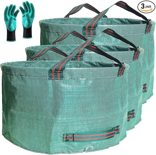 Professional 3-Pack 63 Gallon Lawn Garden Bags Large (D31,H19 inch) Yard Waste Bags w/Gardening Gloves, Standable Big Leaf Bag,Yard Debris,Lawn Trash Container,Grass Clippings Bags,Weeds Bag 4 Handles
