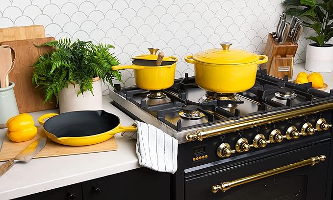 Larder & Vine 5-Piece Enameled Cast Iron Cookware Set - Includes 5.7 Quart Dutch Oven with Lid, 10.25 Inch Skillet, 2.2 Quart Saucepan with Lid (Limoncello)