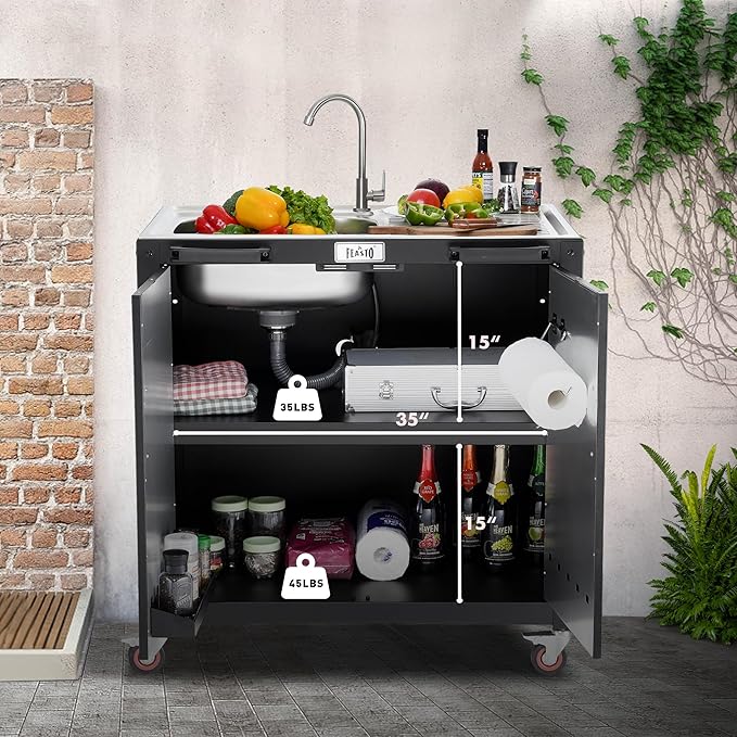 Freestanding Grill Cart with Sink and Cabinet, Movable Outdoor Cart Table with 304 Stainless Steel Sink, Outdoor Grill Cart, Outdoor Grill Station with Wheels, L35.4 x W24