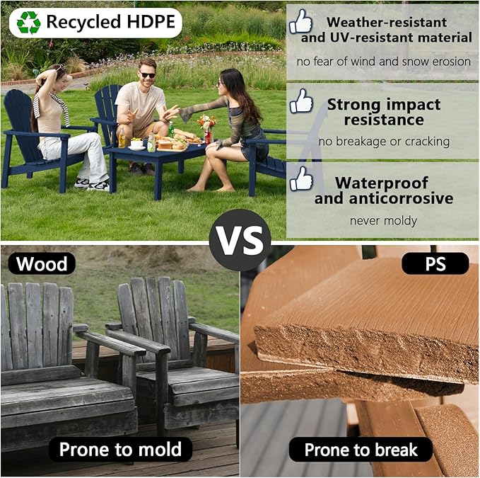 nevilywood Compact Stackable Adirondack Chairs Set of 2, 26.3" Wide HDPE Outdoor Patio Chairs - Durable, Space-Saving Design for Porch, Lawn or Garden, Navy