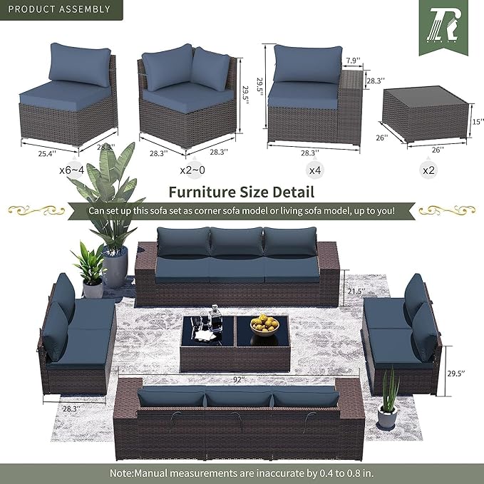 Outdoor Patio Furniture Set, 12 Pieces Outdoor Furniture All Weather Patio Sectional Sofa PE Wicker Modular Conversation Sets with Coffee Table,10 Chairs & Seat Clips Dark Blue