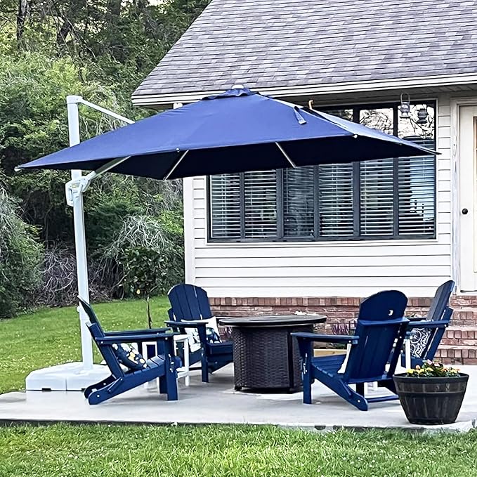 PURPLE LEAF 10 FT Patio Umbrella White Cantilever Umbrella Aluminum Square Outdoor Offset Umbrella Hanging Windproof with 360° Rotation for Garden Deck Pool, Navy Blue