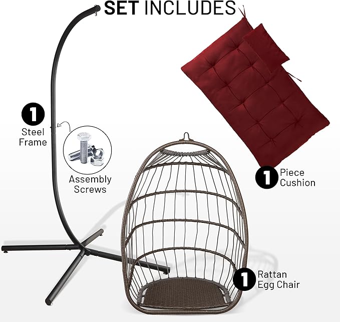 SereneLife Foldable Egg Swing Chair with Stand Outdoor Indoor Rattan Wicker Hanging Egg Chair with Waterproof Cushion and Headrest Cozy Patio Porch Bedroom Garden Relaxing Swing for Adults Heavy Duty