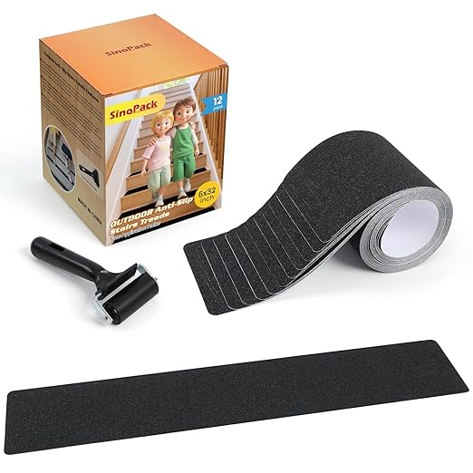 Outdoor Non Slip Tape Black 6'' x 32'' (12-Pack) High Traction Adhesive Treads with Free Roller - Heavy Duty 80 grit Black Non Slip Tape -Anti Skid Strips - Grip Tape for Steps